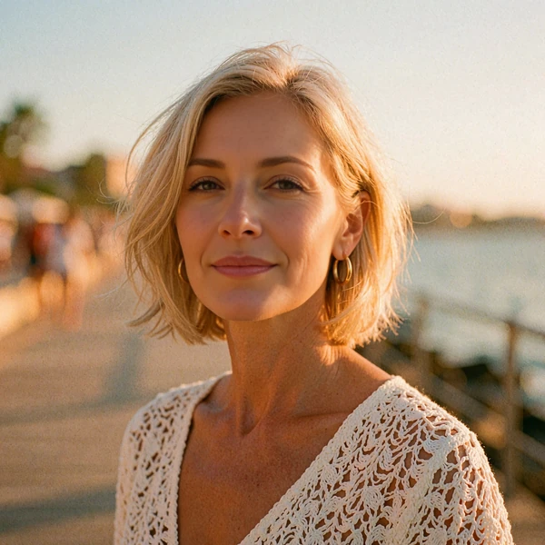 Confident woman with a blonde bob on a seaside boardwalk, illustrative cougar dating member portrait