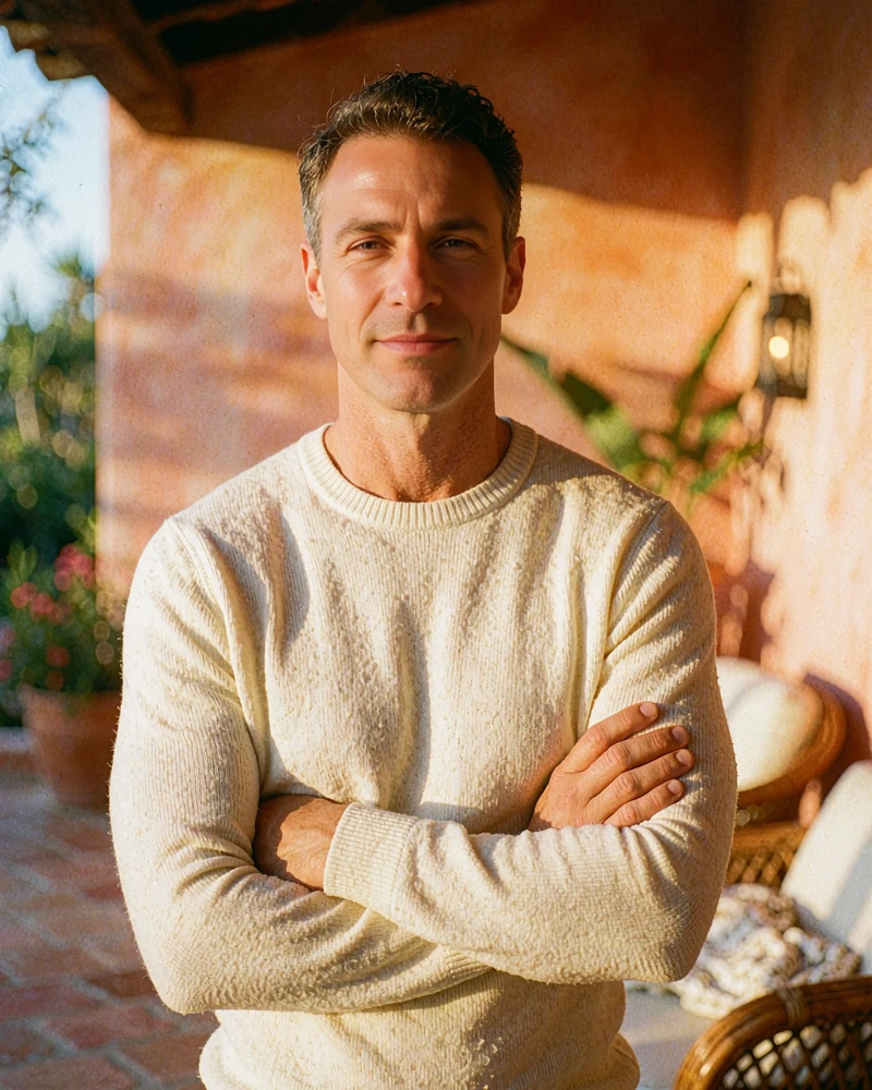 Well-groomed man in a cream knit sweater in a bright plaster-walled room, demo companion profile photo