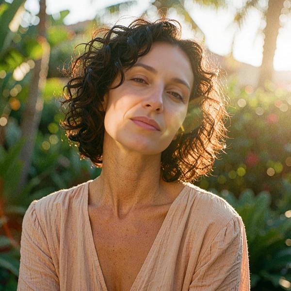 Calm woman with dark curls in a sand-coloured dress in a sunlit garden, illustrative member portrait