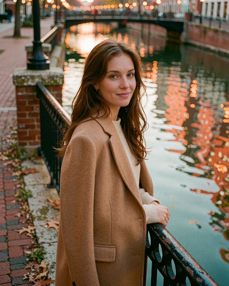 Woman with long chestnut hair in a camel wool coat standing beside the Indianapolis canal walk railing, demo member profile photo