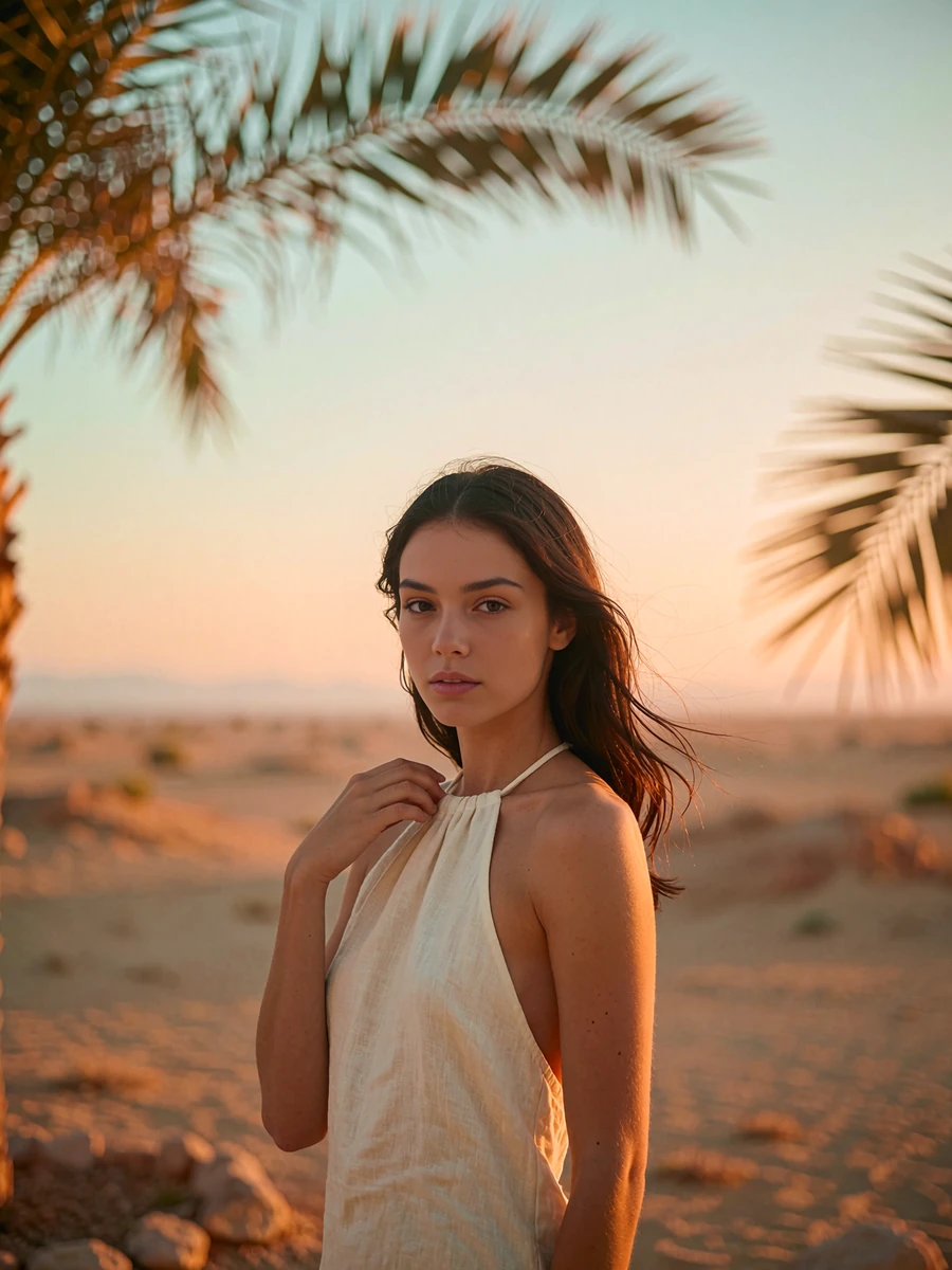 Dark-haired woman in an ivory linen halter dress on a desert resort terrace at golden hour, demo member profile photo