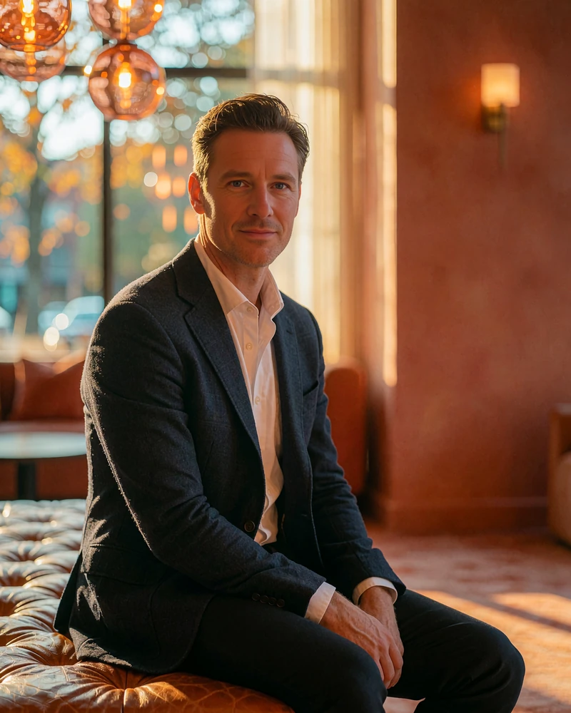 Man in a navy blazer seated on a leather bench in a warmly lit Boston hotel lobby, demo member profile photo