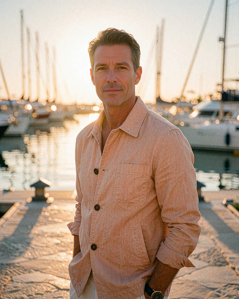 Confident man in a sand-coloured jacket on a marina boardwalk at dusk, demo sugar daddy profile photo
