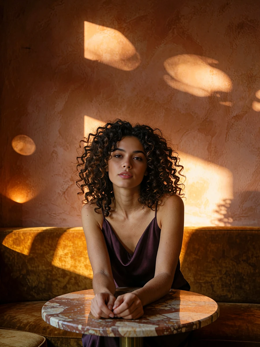 Woman with dark curls in a plum satin top at a velvet banquette in an upscale bar, demo Atlanta member profile photo