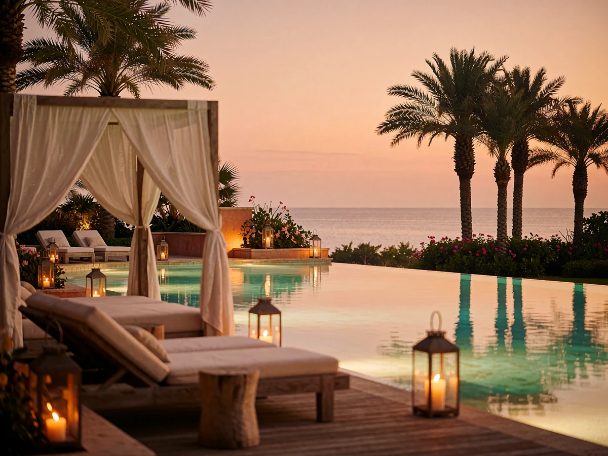 Draped white cabana beside a glowing turquoise resort pool in Orlando at dusk with tall palms silhouetted against the sky