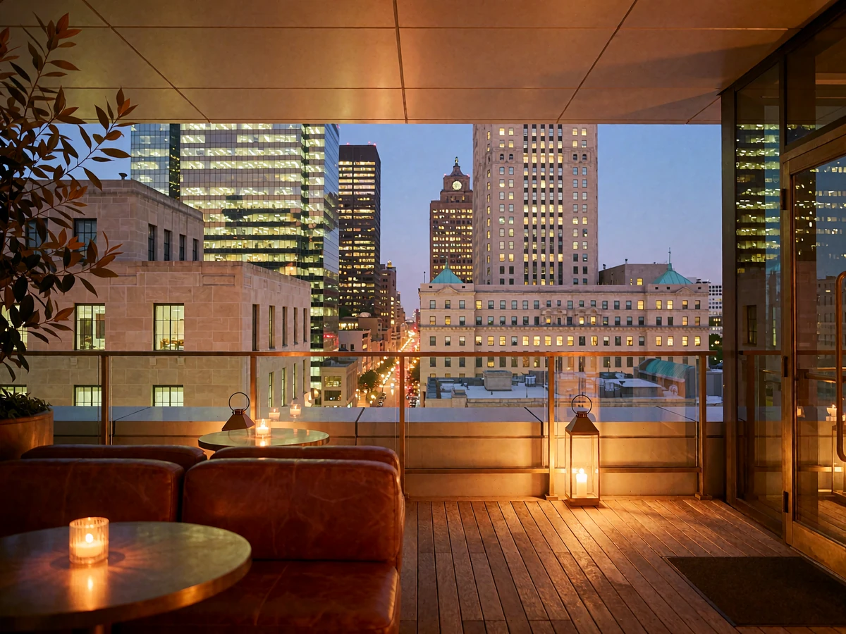 Empty rooftop lounge in downtown Indianapolis at dusk with candlelit seating and a view of illuminated office towers