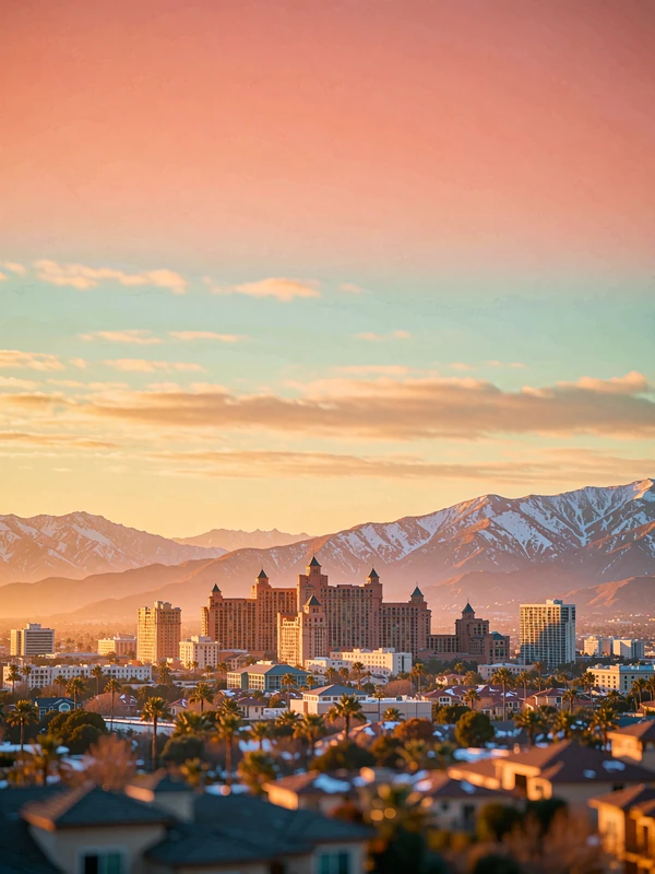 Denver skyline glowing warm at sunset with snow-touched Rocky Mountain ridges behind it