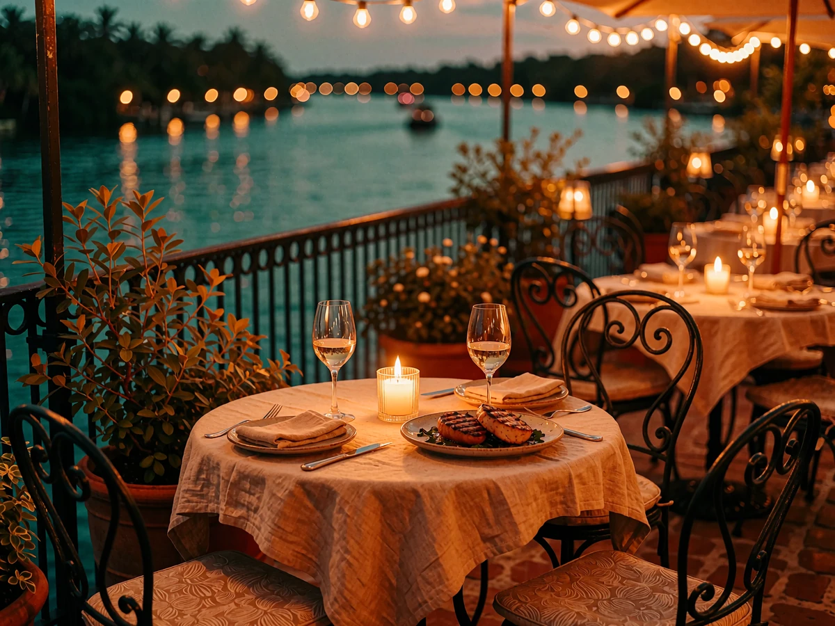 Candlelit riverside restaurant terrace set for two with wine glasses and string lights above the San Antonio River