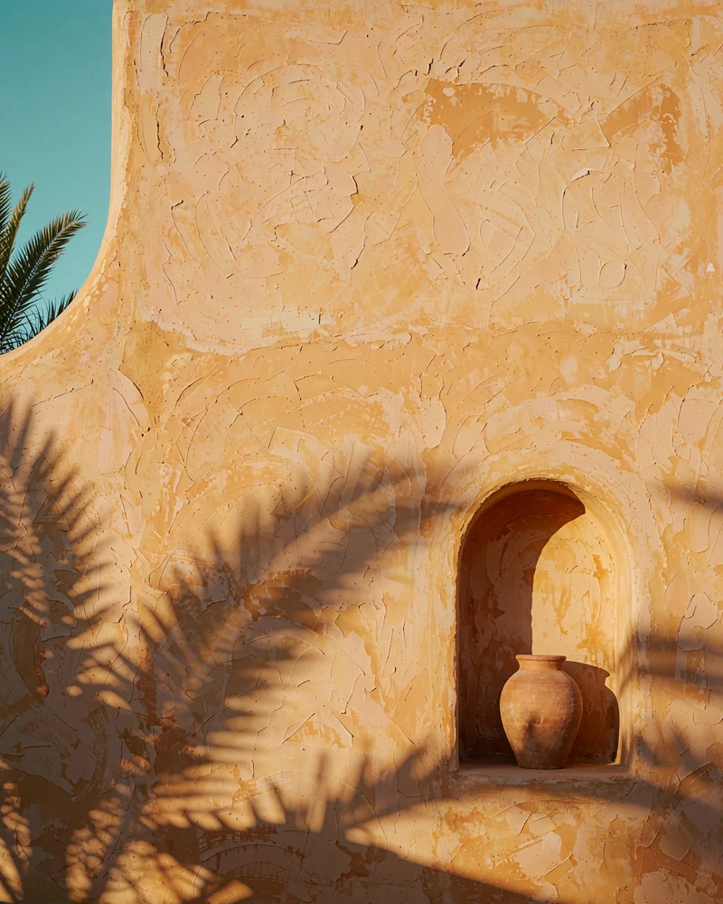 Palm frond shadows across a warm ochre stucco wall with a clay vessel in an arched niche