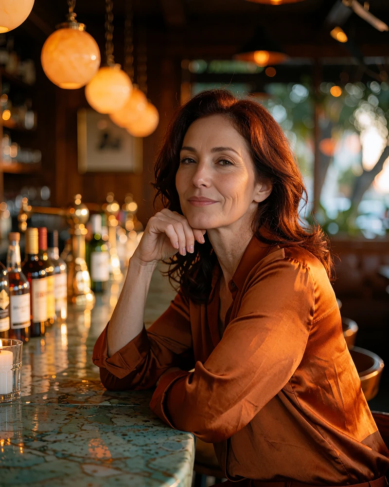 Glamorous woman with rich auburn hair in a burnt-orange silk blouse at a candlelit Miami restaurant bar, demo Miami cougar profile photo