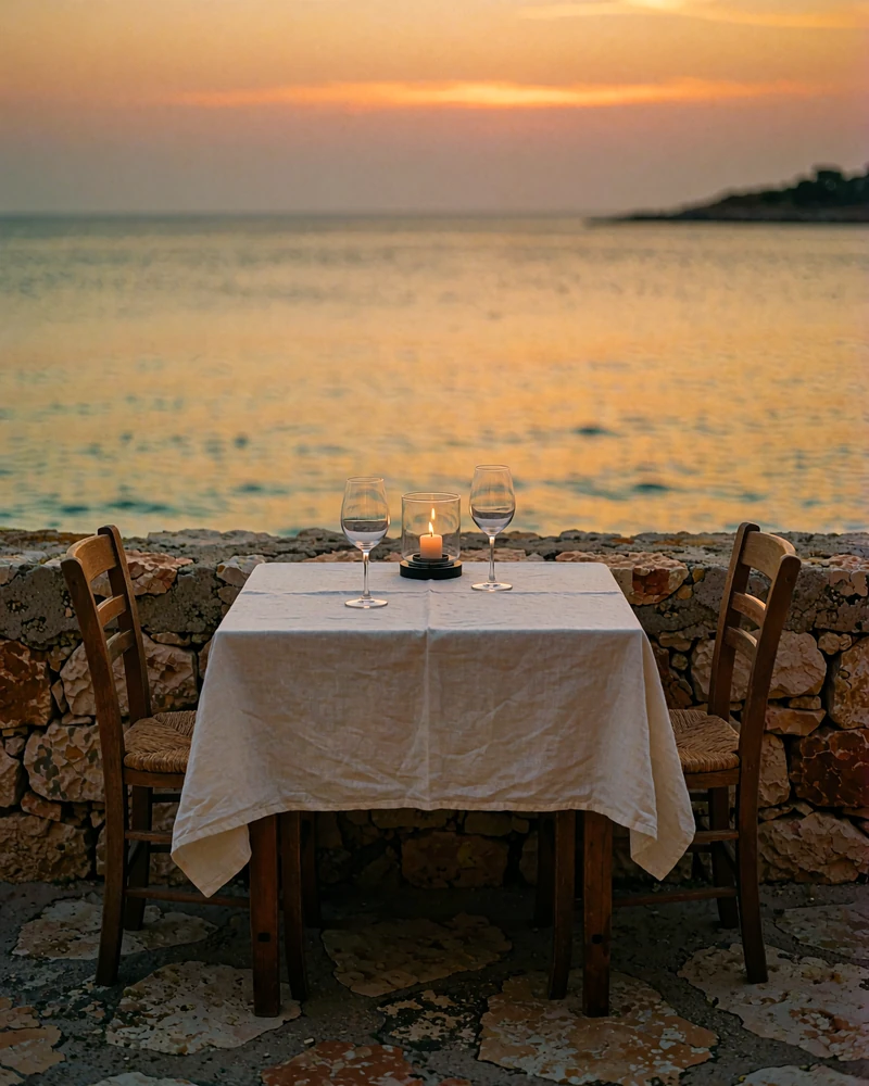 Table for two set on a seaside stone terrace at dusk with unlit lantern and glowing amber sea beyond