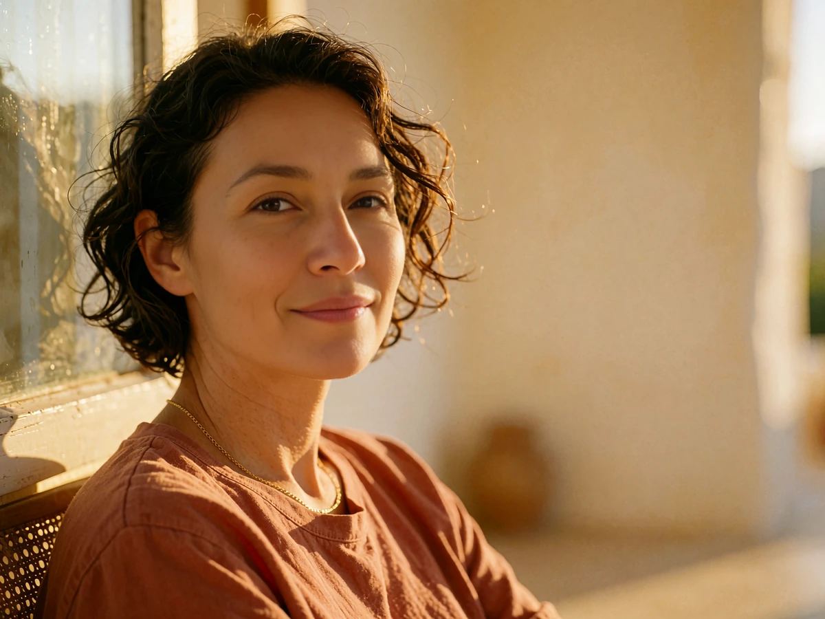 Natural-light portrait of a woman with soft waves and minimal makeup seated near a sunlit window