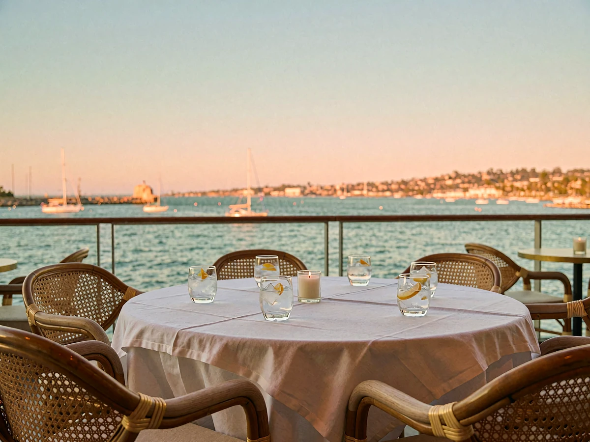 Open-air bayfront restaurant terrace set for two at sunset with harbour water and sailboats visible beyond the railing