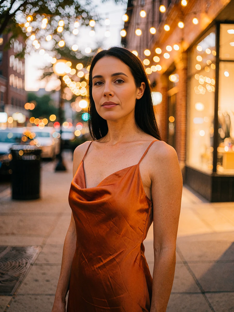 Confident woman in a burnt-orange satin dress on a warmly lit Gaslamp Quarter sidewalk at dusk, demo member profile photo