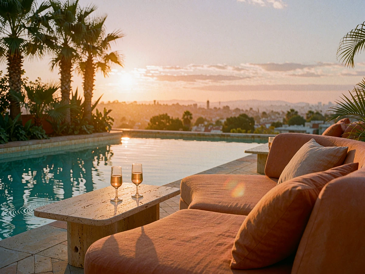 Empty rooftop pool lounge in Los Angeles at sunset with a terracotta daybed and travertine table beside the water