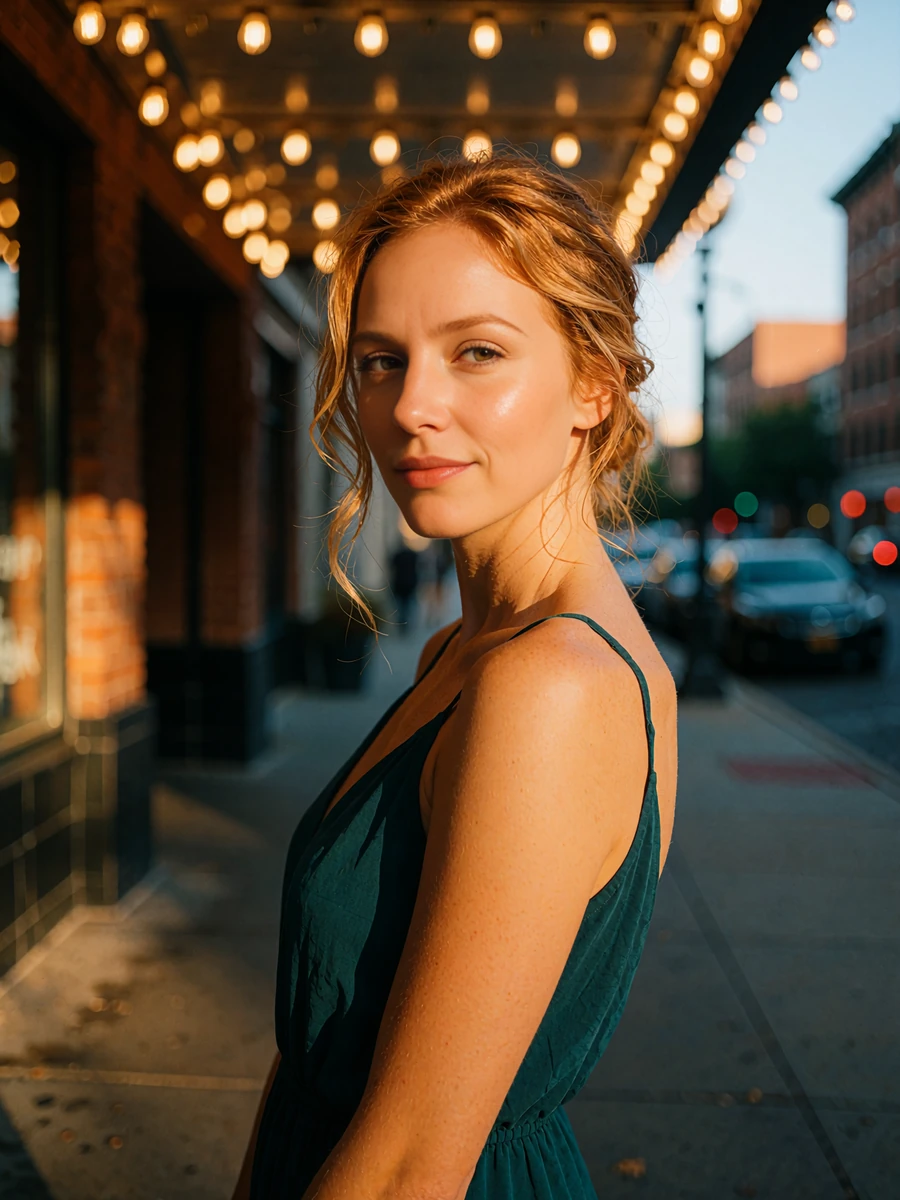 Auburn-haired woman in a deep teal evening dress under warm marquee lights on a city sidewalk at dusk, demo member profile photo