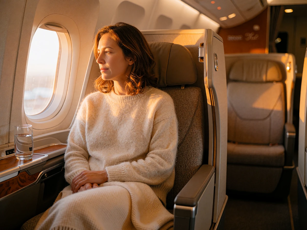 Woman in cream knitwear seated by a business-class cabin window bathed in warm afternoon light