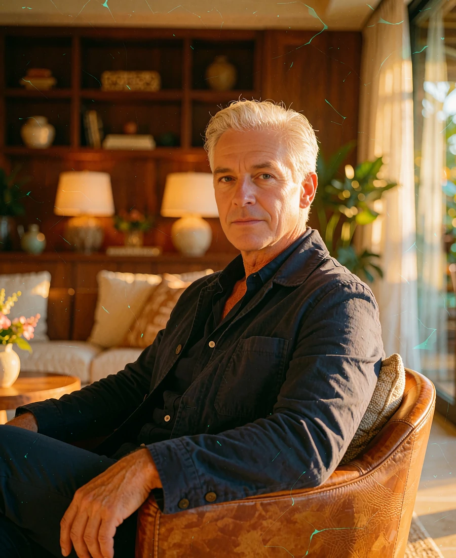 Silver-haired man in a navy jacket seated in a leather club chair in a private lounge, demo Atlanta member profile photo