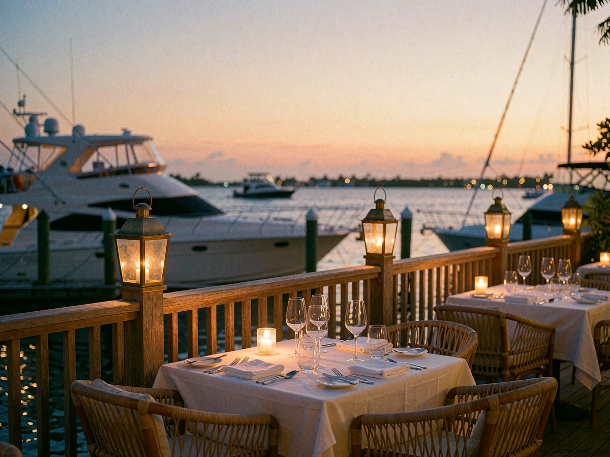 Candlelit table for two on an empty upscale waterfront restaurant terrace in Tampa at dusk with moored yachts in the background