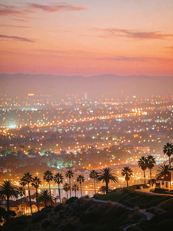 Los Angeles skyline at dusk seen from the hills with palm silhouettes and a coral sky