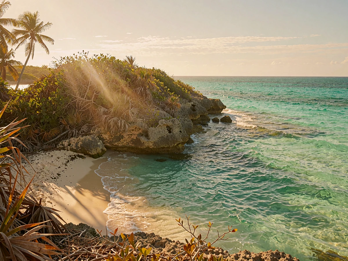 Limestone headland covered in tropical scrub above turquoise shallows on the Tulum coastline at golden hour