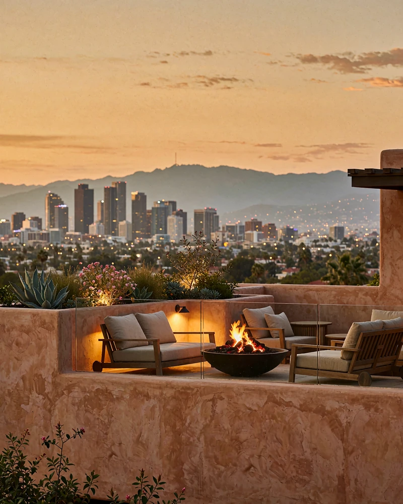 Open rooftop terrace with lounge seating overlooking a city skyline and distant mountains at dusk