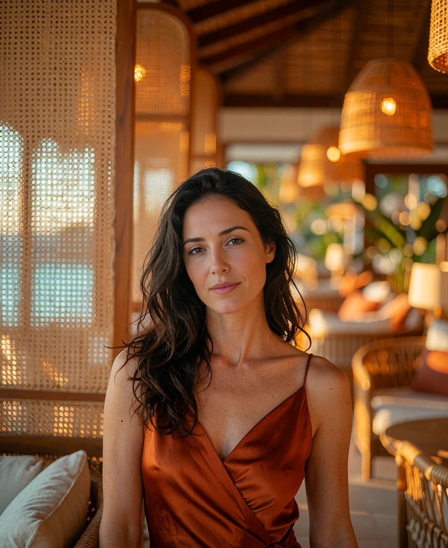 Dark-haired woman in a burnt-orange satin top in a warmly lit hotel lounge, demo member profile photo