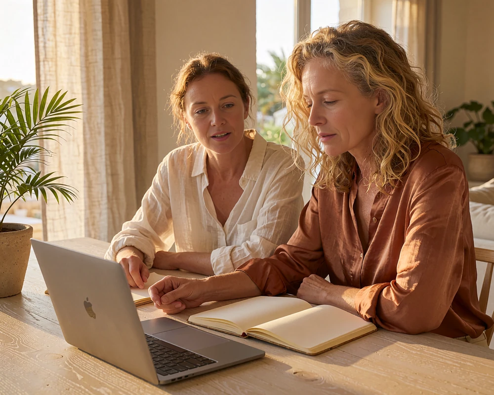 Woman in a rust silk blouse and her companion planning a trip together at a sunlit villa table with an open notebook