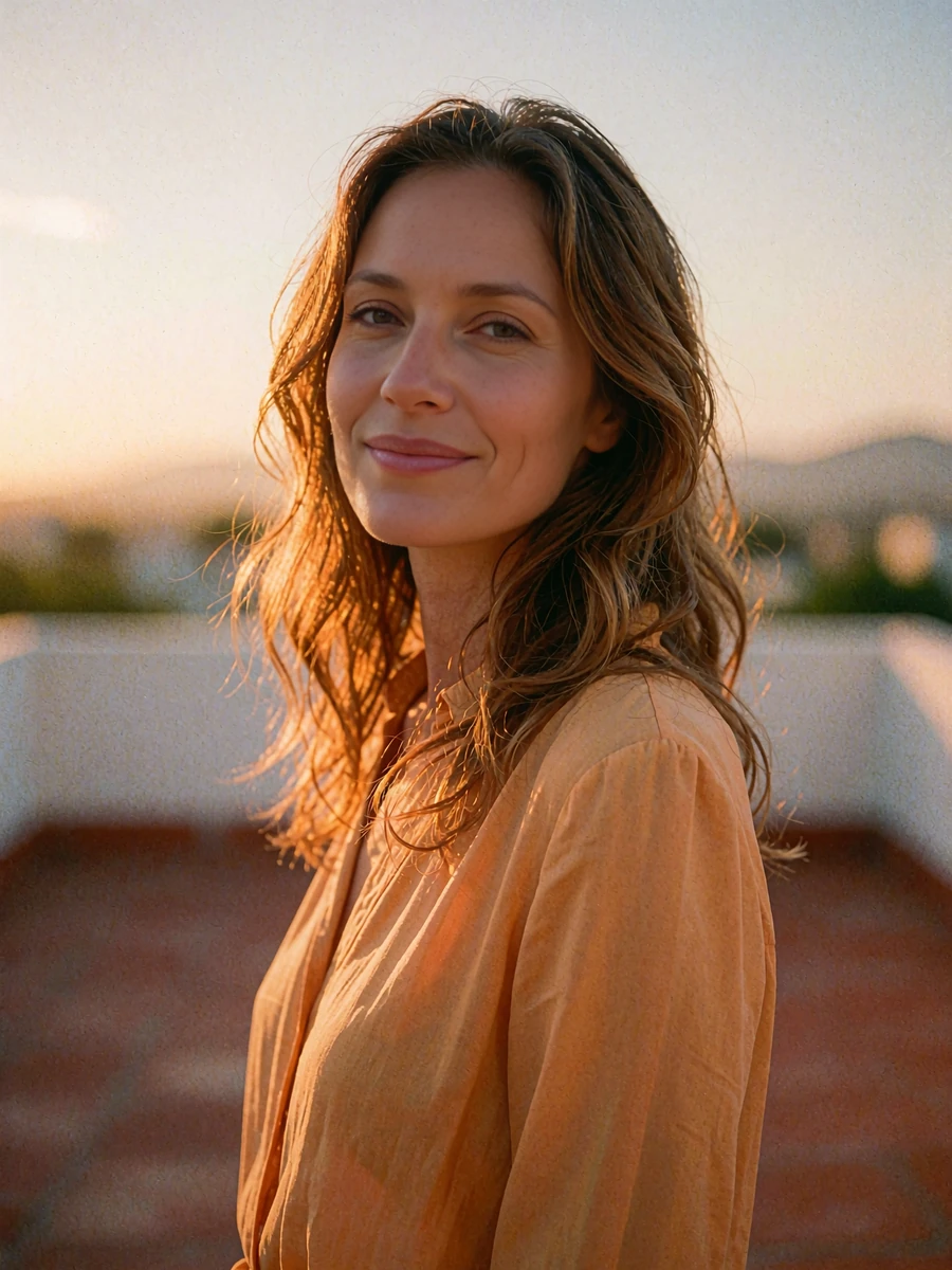 Woman with long caramel-brown waves in an amber blouse on a rooftop terrace at sunset, demo Denver member profile photo
