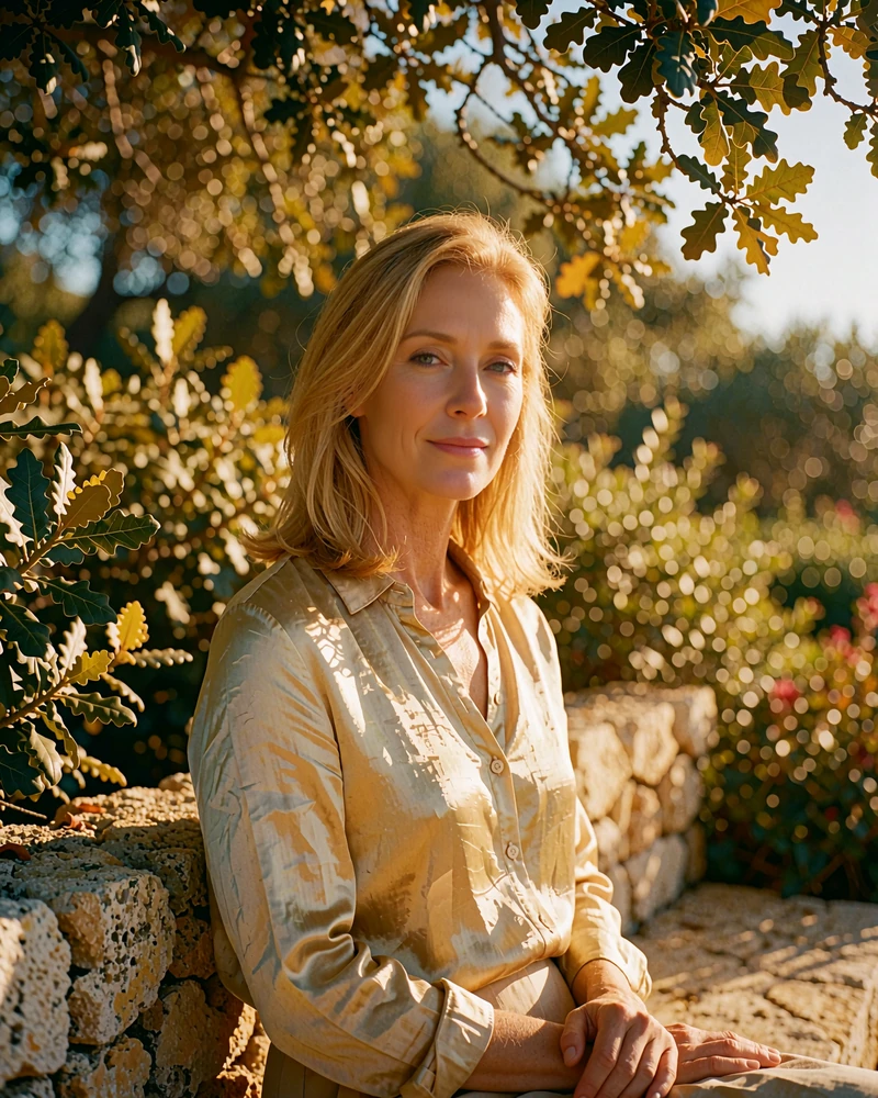 Blonde woman in a pale gold silk blouse seated on a shaded stone bench beneath oak branches, demo member profile photo