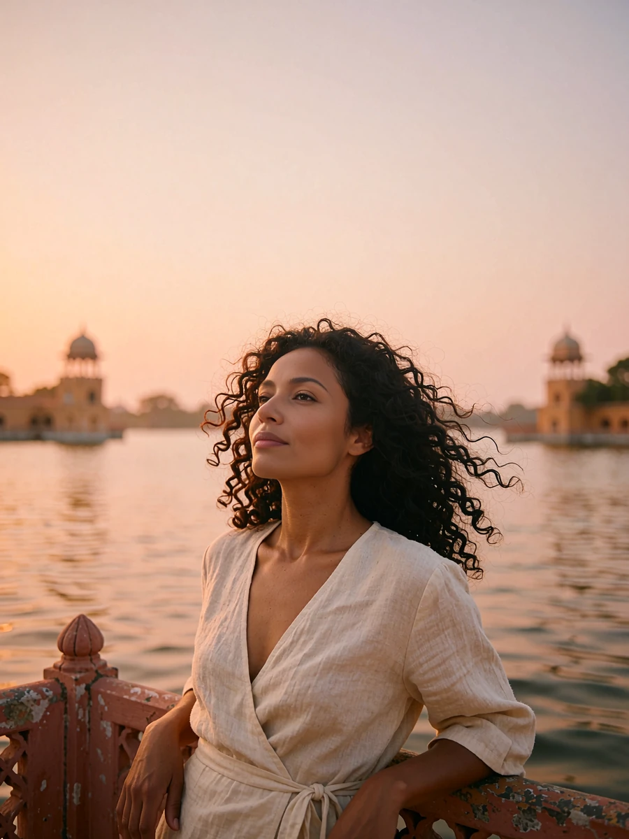 Woman with dark curly hair in a cream linen wrap top leaning on a terrace railing beside the water at sunset, demo member profile photo