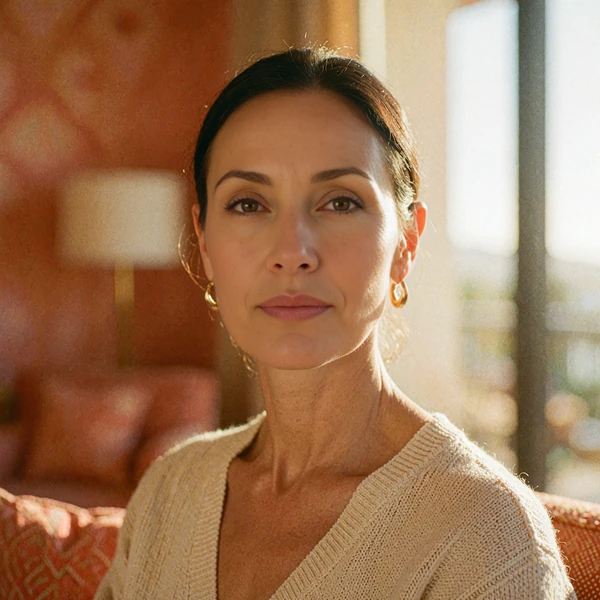 Poised woman with a sleek dark chignon beside a hotel window, illustrative member portrait