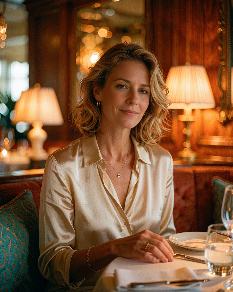Honey-blonde woman in a champagne silk blouse seated at an uptown restaurant banquette, demo New York member profile photo