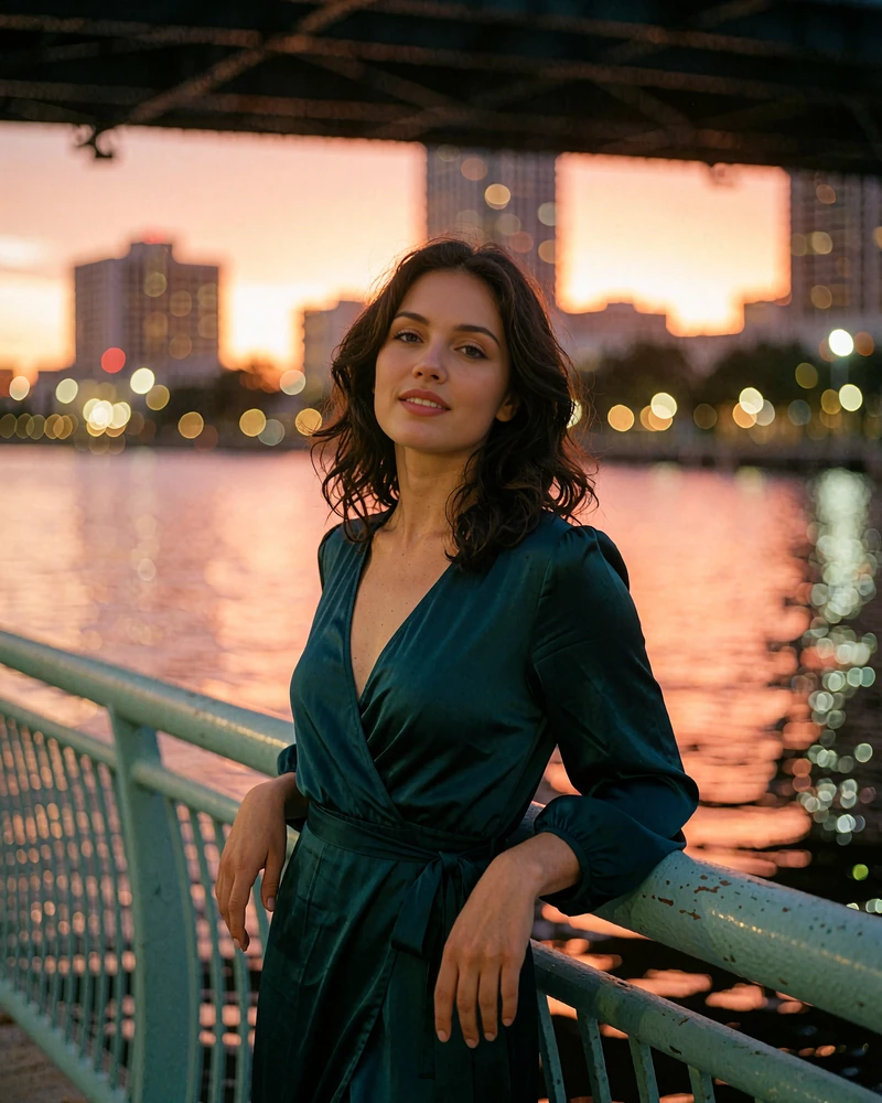 Dark-haired woman in a teal wrap dress beside a Tampa waterfront railing at dusk, demo member profile photo