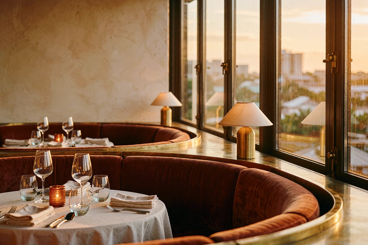 Upscale rooftop restaurant interior at dusk with a table set for two and a skyline visible through tall windows