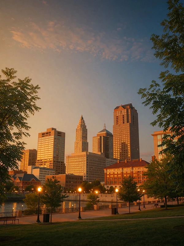 Downtown Columbus at dusk viewed from a riverside park with glowing street lamps