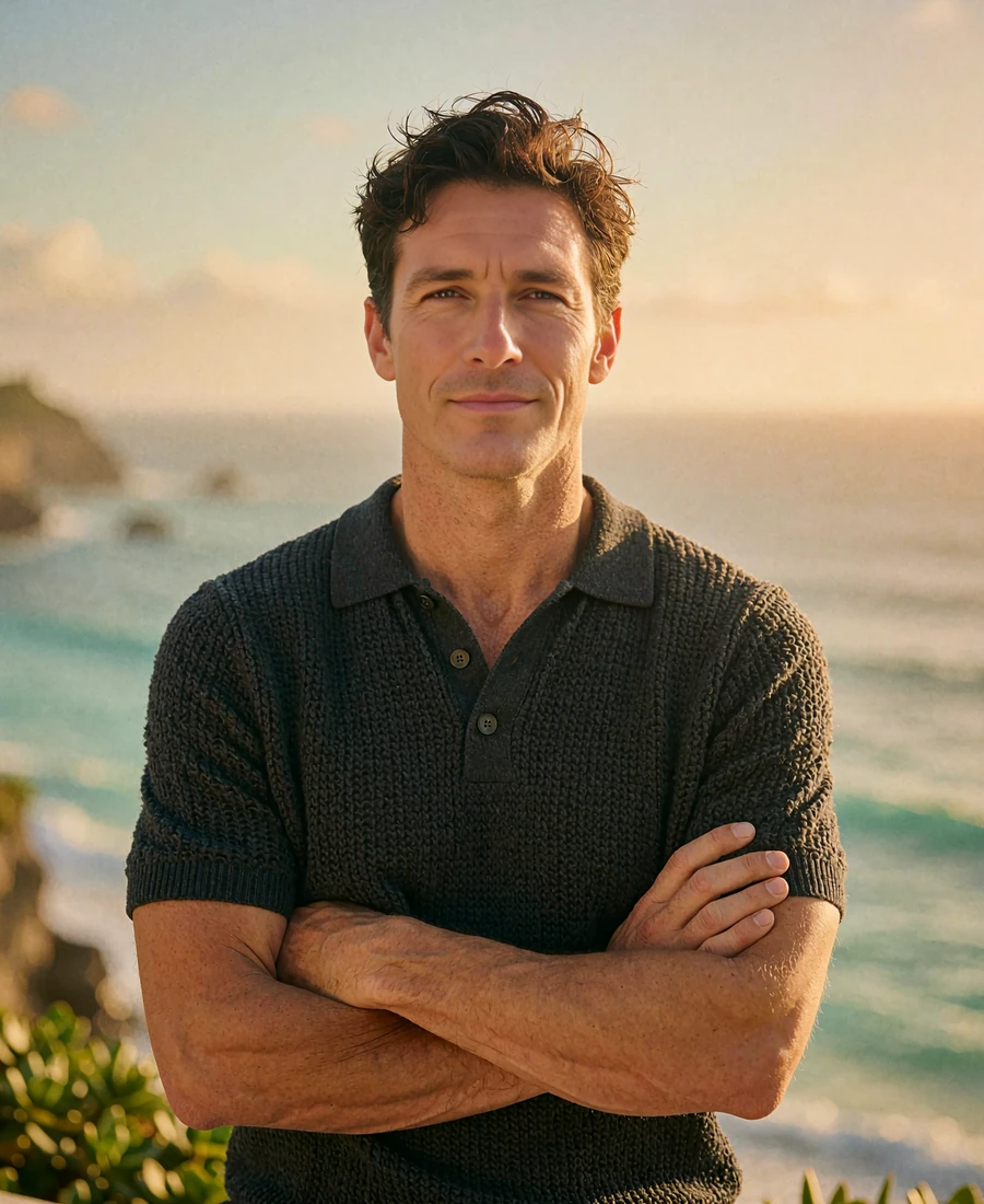 Athletic man in his late thirties in a charcoal knit polo on a clifftop restaurant terrace at dusk, demo San Diego member profile photo