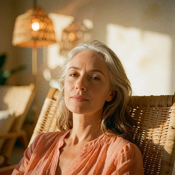 Serene woman with silver-streaked hair seated in a rattan lounge chair, illustrative cougar dating member portrait