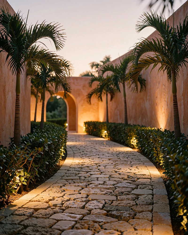 Curving stone pathway lined with tall palms leading toward a glowing archway at dusk