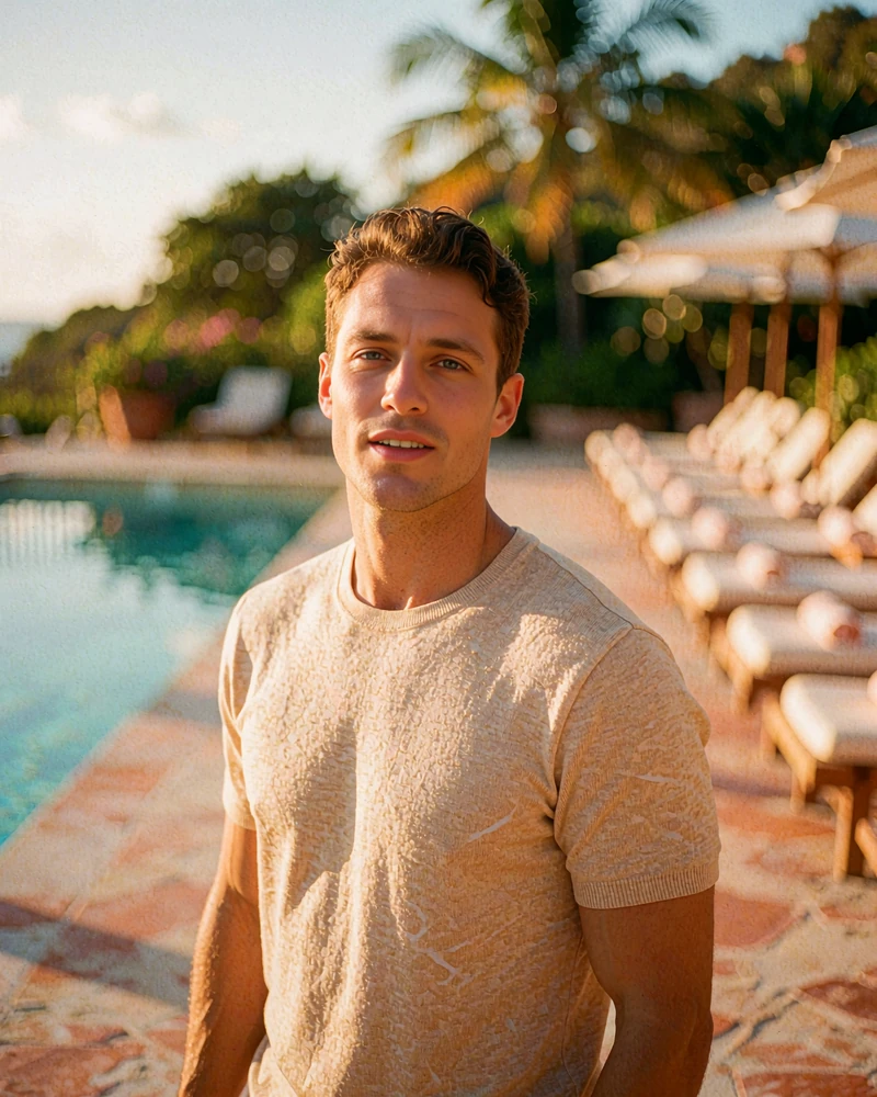 Athletic man in a sand-coloured shirt on a sunlit pool deck, demo companion profile photo for a sugar mama arrangement