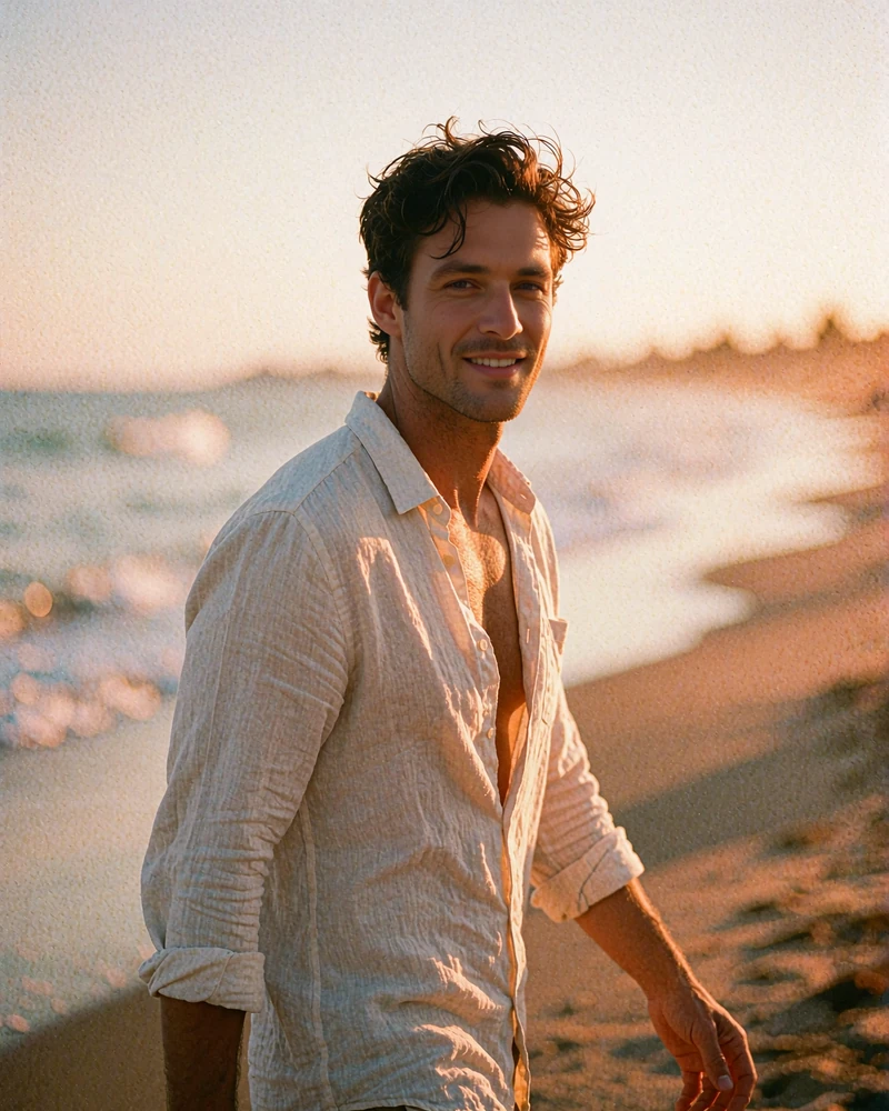 Man in an unbuttoned pale linen shirt walking along a quiet beach at golden hour, demo companion profile photo