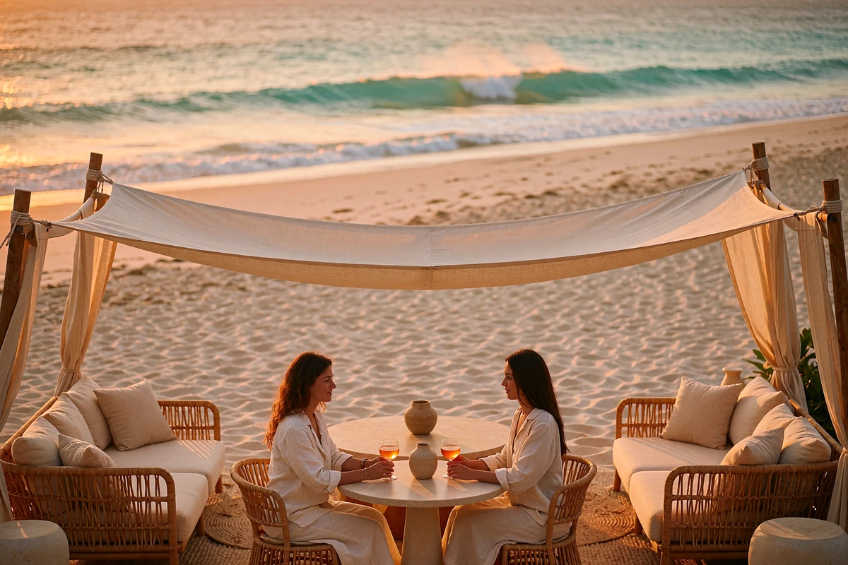 Open beach-club terrace at sunset with a table for two set with cream linen and a blurred Pacific shoreline in the background