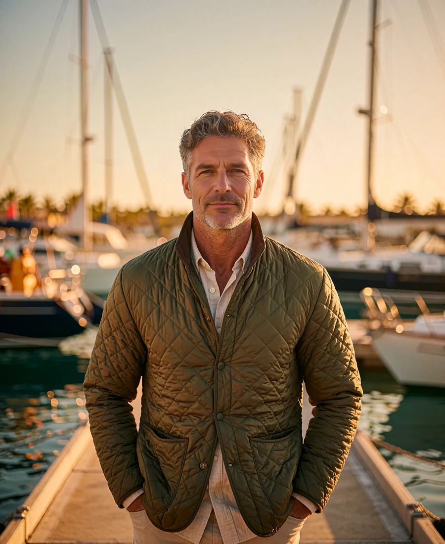 Weathered-handsome man in his late forties in a quilted olive jacket standing on a marina walkway at golden hour, demo Seattle member profile photo