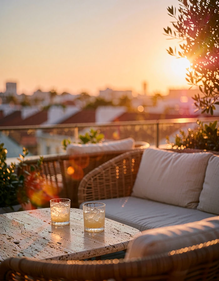 Two chilled cocktail glasses on a low table at a rooftop lounge at sunset
