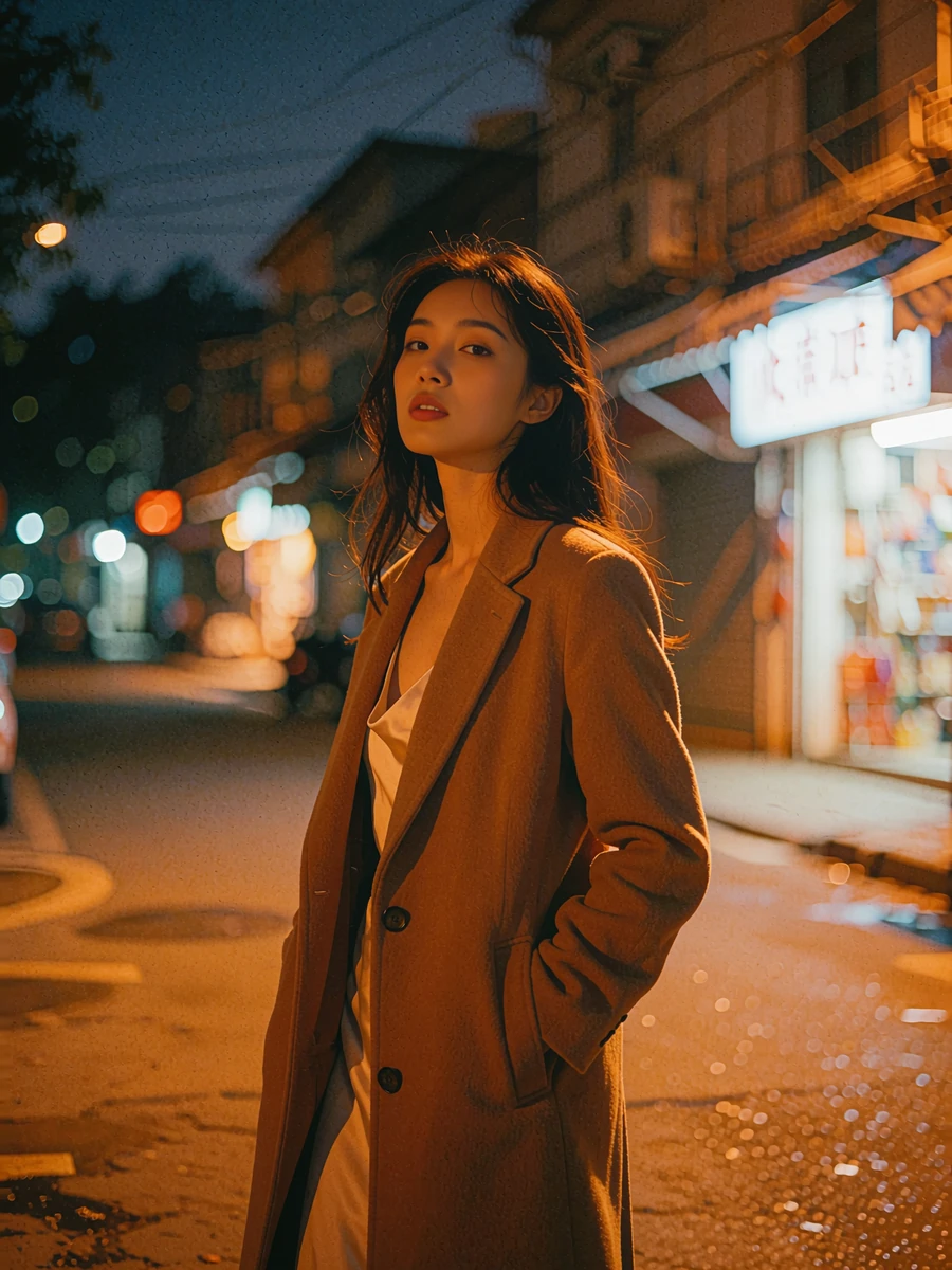Woman in a caramel evening coat on a quiet Denver street at dusk, demo member profile photo