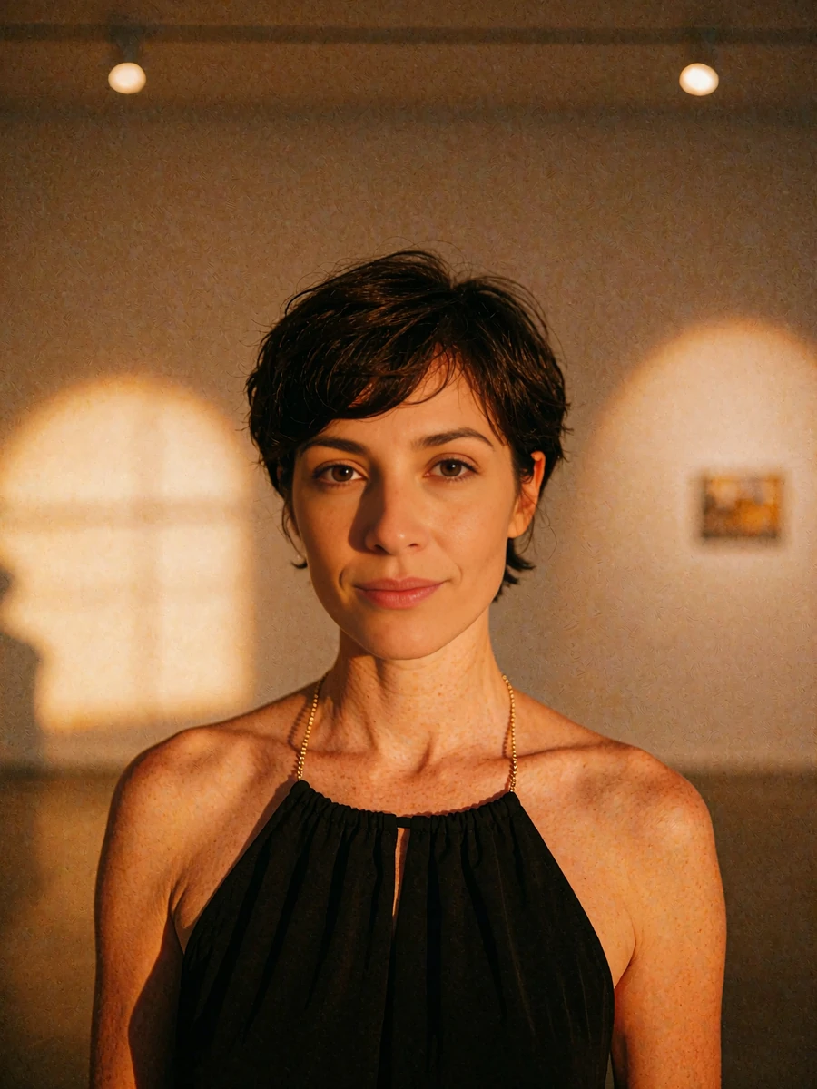 Woman with a chic dark pixie cut in a black halter dress standing in a modern gallery interior, demo member profile photo