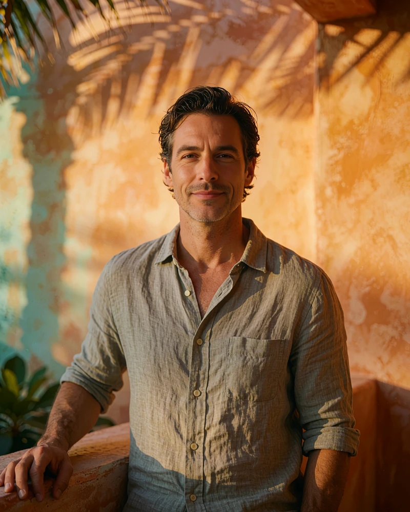 Man in his mid forties in a stone-grey linen shirt in a sunlit courtyard, demo Los Angeles member profile photo