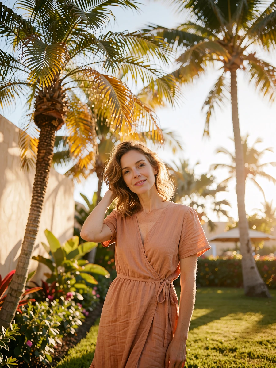 Poised woman in a pale terracotta wrap dress among tall palms in a Coronado resort garden, demo member profile photo