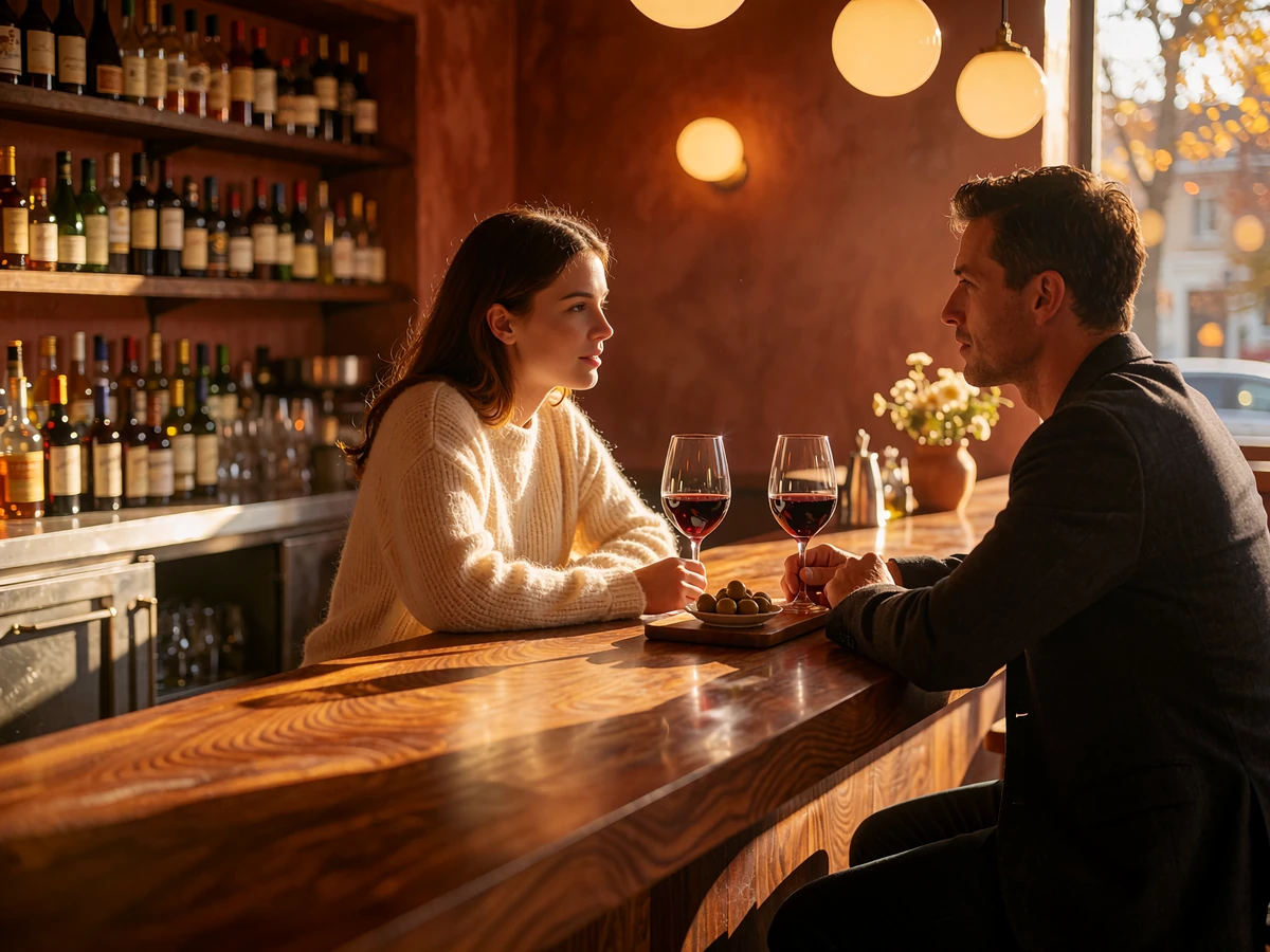 Woman and man having a first meeting over wine at a warm-lit wine bar counter in Denver