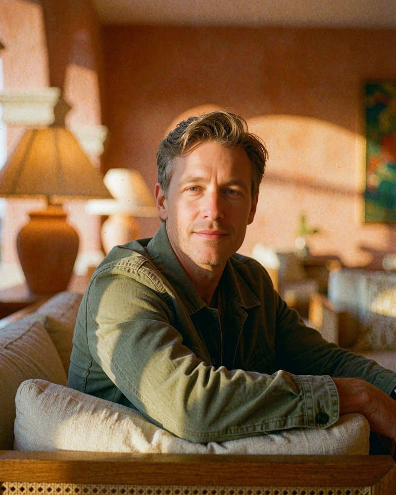 Well-groomed young man in an olive jacket seated in a warm hotel lounge at dusk, demo toy boy profile photo